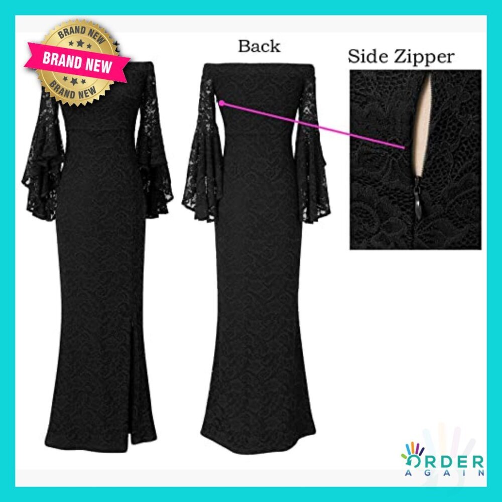 Off Shoulder Bell Sleeve Formal Maxi Dress Elegant Mermaid Silhouette Evening - Picture 3 of 7